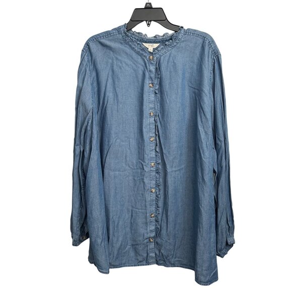 Terra & Sky Womens 4X Light Blue Button-Up Denim Top With Ruffled Collar Long Sl - Picture 1 of 12